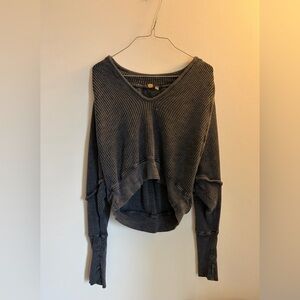 Free People Washed Charcoal Waffle Knit V‑Neck Pullover